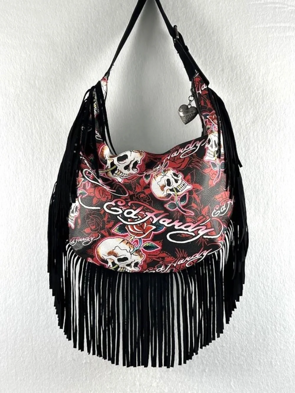 NEW Ed Hardy Fringed Hobo Shoulder Bag - Skulls & Roses - Red Tattoo Logo